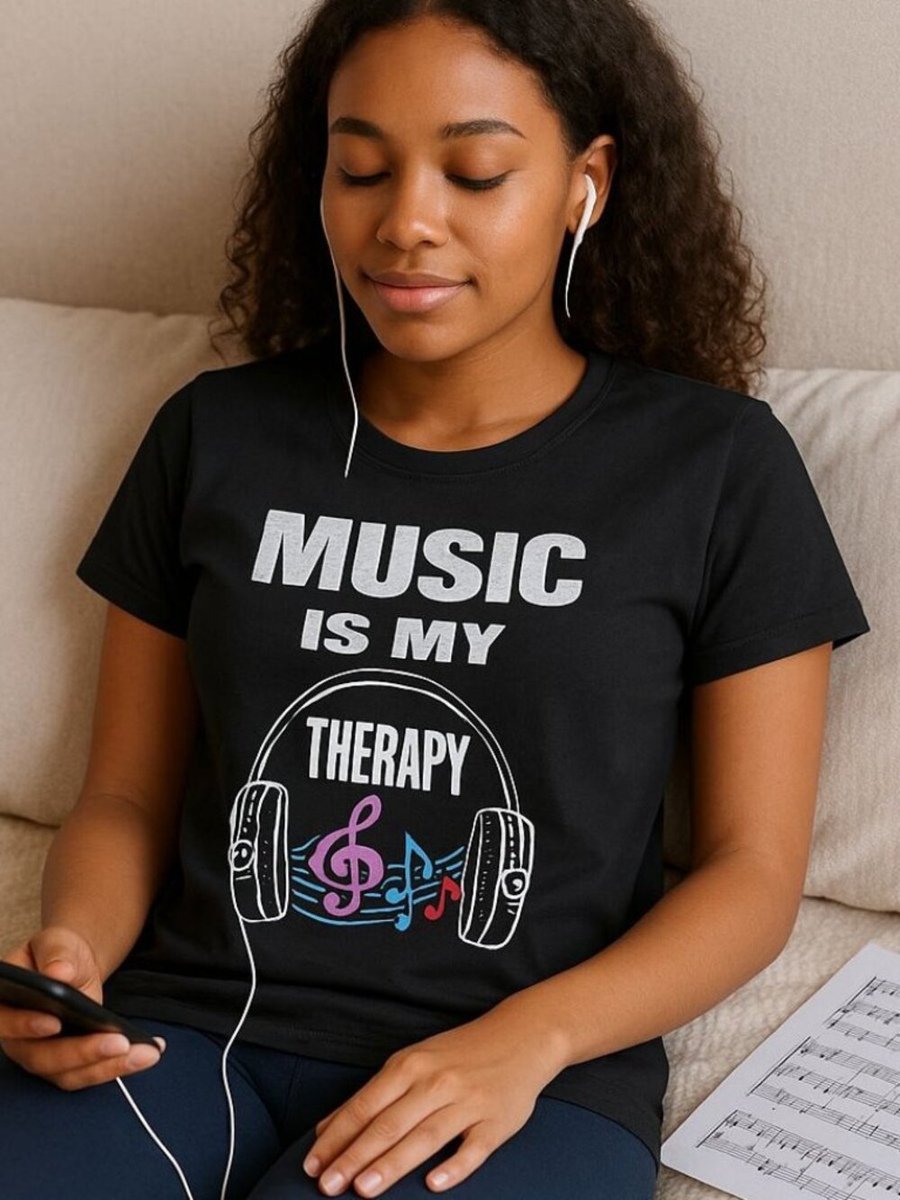 Music Is My Therapy T Shirt Size L Black Retro Graphic Tee Headphones Notes